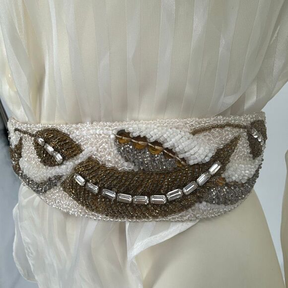 Vintage 1950s 1960s Hand Beaded Belt Ivory Brown Glass Seed Beads Small‎ main image 10
